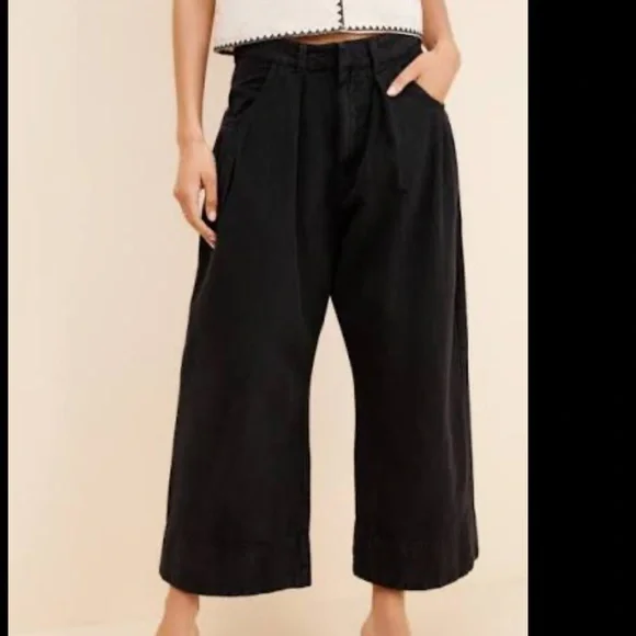 New Free People Sweet Talk Black Wide Leg Chino Pants Cotton & Linen Sz 8 Medium - Picture 2 of 16